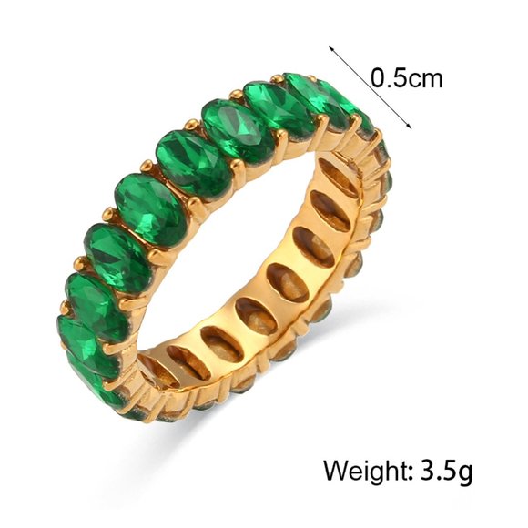 Vintage Emerald Green Baguette Oval Zircon Eternity Ring 18K Gold - Picture 8 of 8